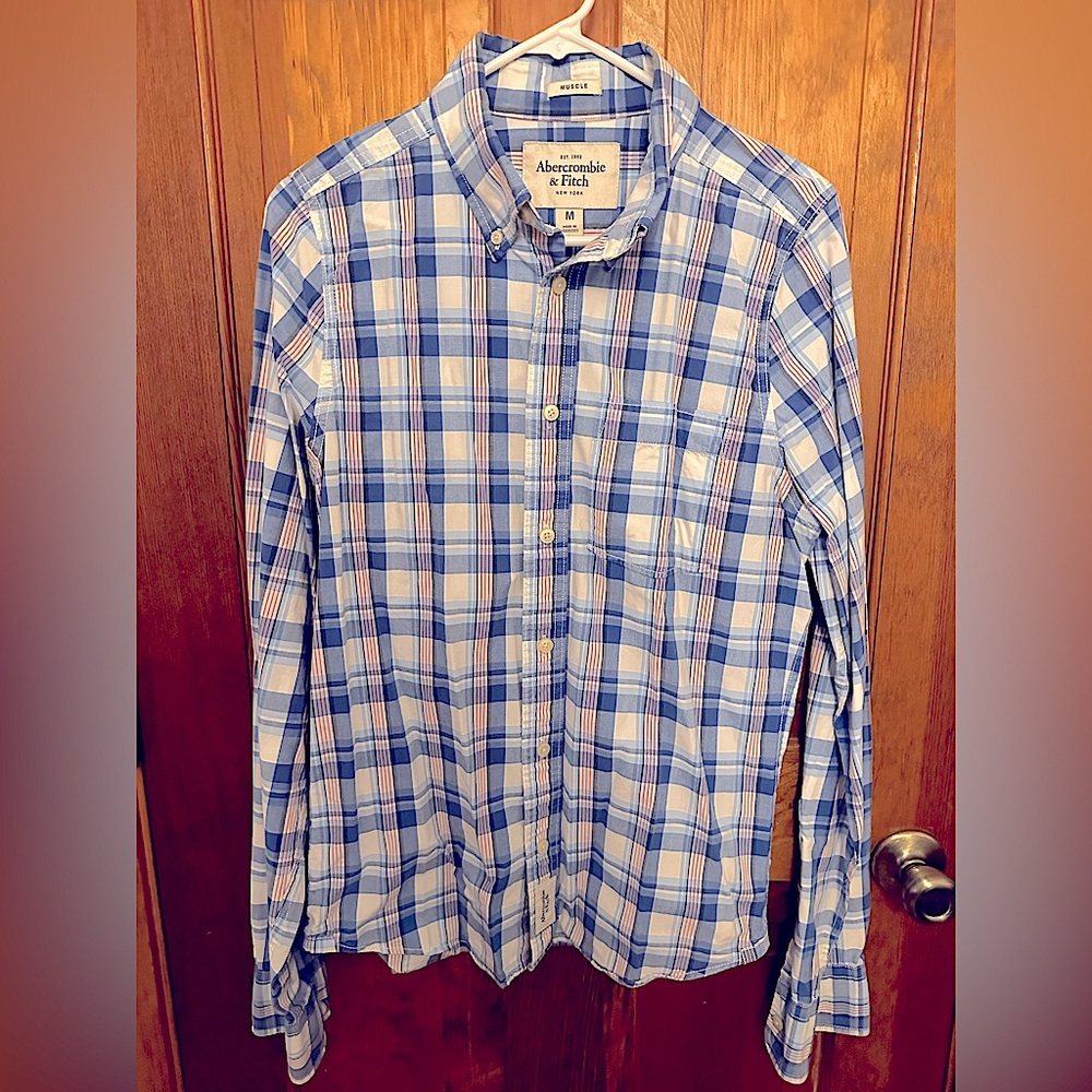 Abercrombie & Fitch Men's Blue/ White Plaid Muscle Fit Button Down Shirt Medium